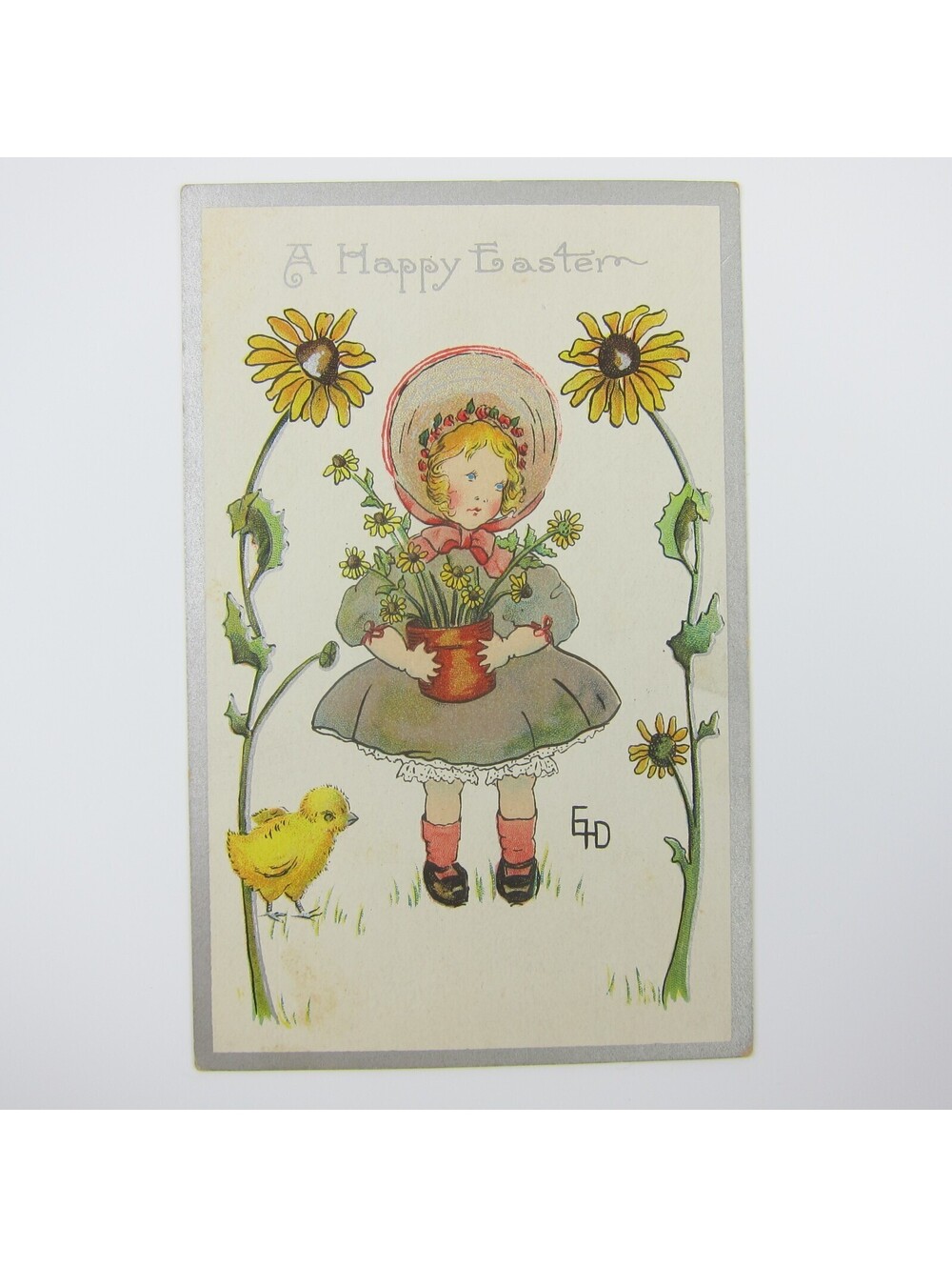 Easter Postcard Girl in Bonnet Sunflowers Pot Yellow Chick Embossed Antique